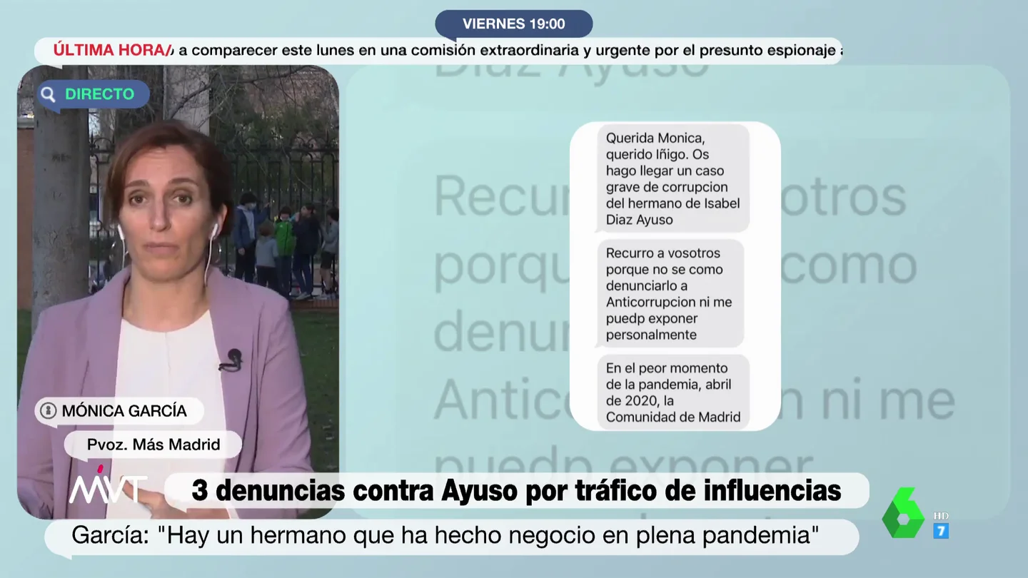 Mónica García confirma que Más Madrid recibió un SMS anónimo con datos sobre la presunta comisión de Tomás Ayuso Mónica García confirma que Más Madrid recibió un SMS anónimo con datos sobre la presunta comisión de Tomás Ayuso