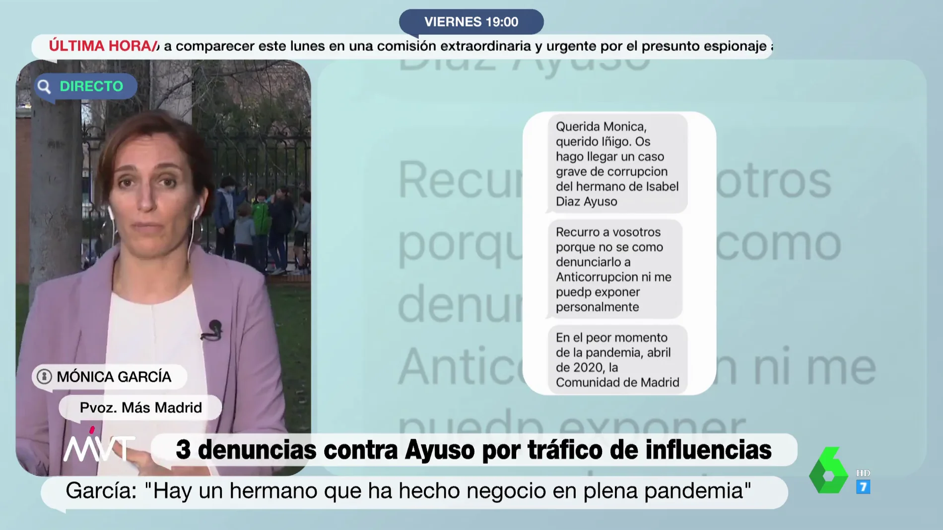 Mónica García confirma que Más Madrid recibió un SMS anónimo con datos sobre la presunta comisión de Tomás Ayuso