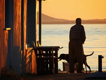Un hombre anciano con un perro mirando el atardecer en la costa Un hombre anciano con un perro mirando el atardecer en la costa