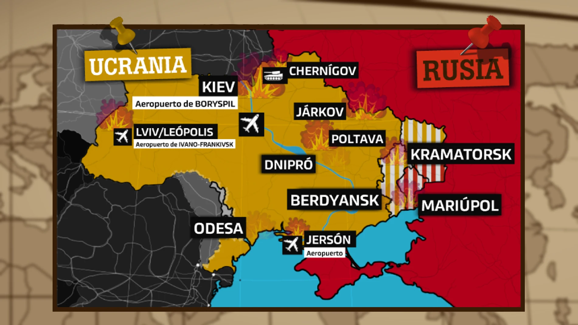 Mapa de los ataques de Rusia a Ucrania el 24 de febrero a las 13:30h
