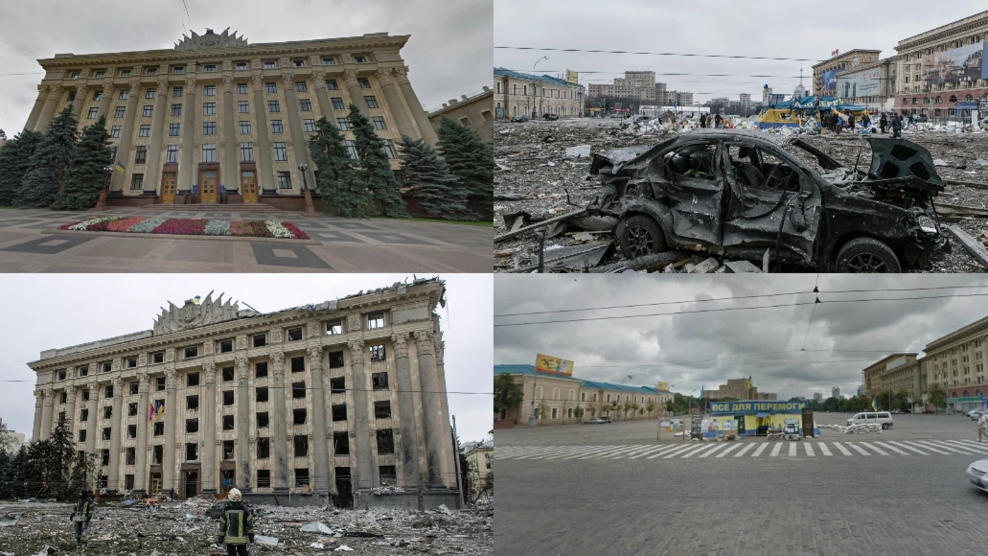 Imágenes del antes y el después de los bombardeos rusos al Ayuntamiento de Járkov Imágenes del antes y el después de los bombardeos rusos al Ayuntamiento de Járkov