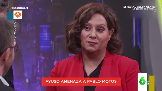 Ayuso 'amenaza' a Pablo Motos en pleno directo: "A mí me gusta cargarme a los Pablos, cuidadito" Ayuso 'amenaza' a Pablo Motos en pleno directo: "A mí me gusta cargarme a los Pablos, cuidadito"