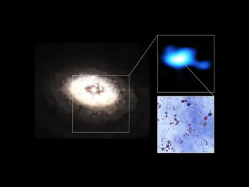 Ilustración del disco de formación de planetas que hay alrededor de la estrella IRS 48, con una región en forma de anacardo donde se ha detectado dimetil éter Ilustración del disco de formación de planetas que hay alrededor de la estrella IRS 48, con una región en forma de anacardo donde se ha detectado dimetil éter