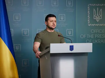 El presidente ucraniano, Volodymyr Zelenski en una comparecencia