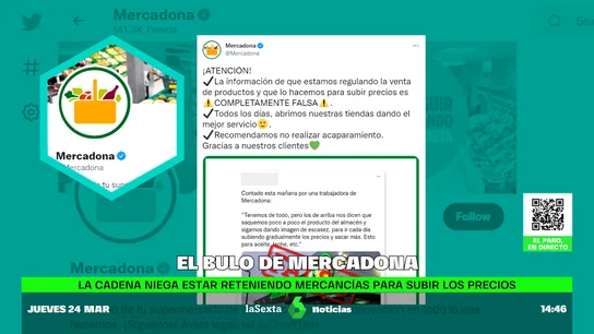 El aviso de Mercadona sobre los "bulos" de desabastecimiento y subidas provocadas de precios El aviso de Mercadona sobre los "bulos" de desabastecimiento y subidas provocadas de precios