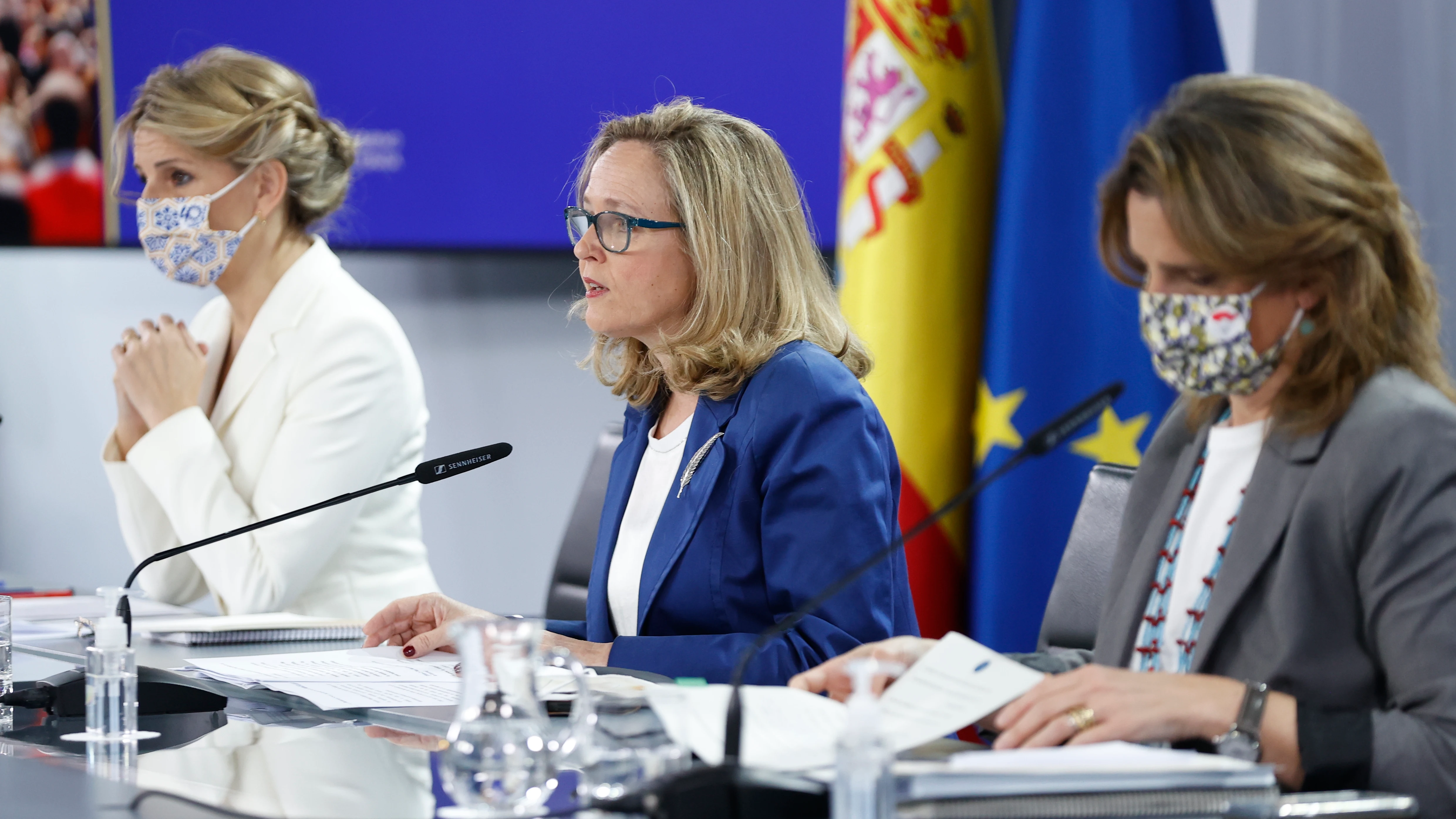 Las tres vicepresidentas del Gobierno, Yolanda Díaz, Nadia Calviño y Teresa Ribera, presenta el plan aprobado por el Consejo de Ministros