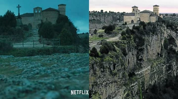 A la izquierda, la Ermita de San Frutos en la serie. A la derecha, la localización real de la Ermita de San Frutos.