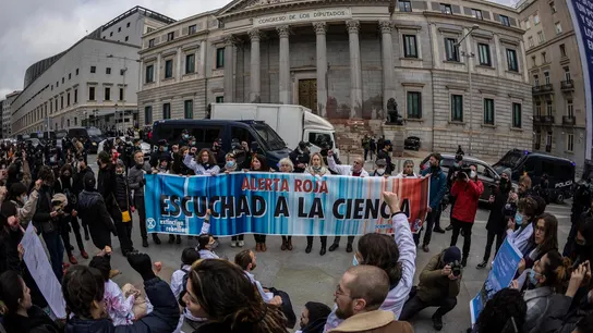 Manifestantes protestan ante la Puerta de los Leones tras arrojar pintura contra la fachada del Congreso de los Diputados "Sin planeta no hay futuro"