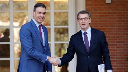 Sánchez y Feijóo se saludan antes de su reunión en La Moncloa Sánchez y Feijóo se saludan antes de su reunión en La Moncloa/EFE