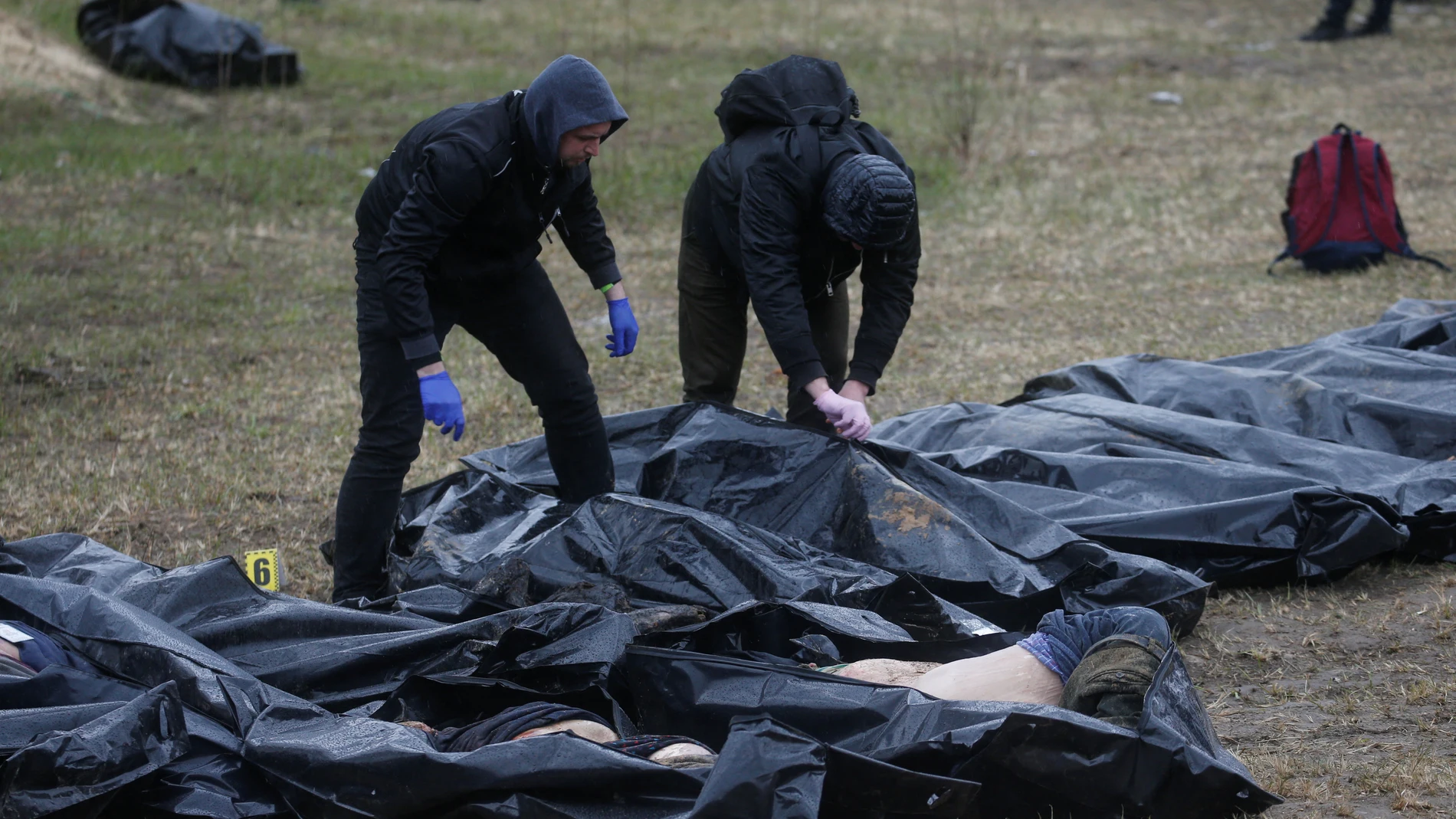 Investigadores analizan los cuerpos sin vida de civiles ucranianos en Bucha