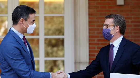 Pedro Sánchez y Alberto Núñez Feijóo se saludan en el Palacio de la Moncloa Pedro Sánchez y Alberto Núñez Feijóo se saludan en el Palacio de la Moncloa