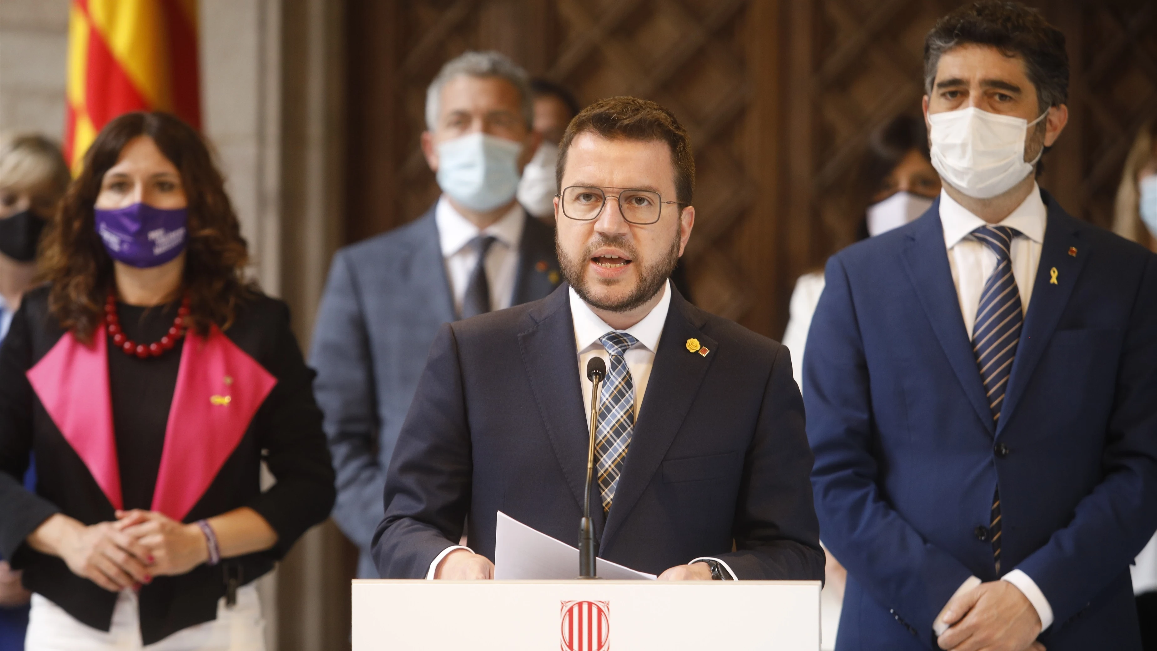 Comparecencia del presidente de la Generalitat, Pere Aragonès, tras la reunión extraordinaria del Govern para coordinar la respuesta ante el presunto caso de espionaje a líderes independentistas.