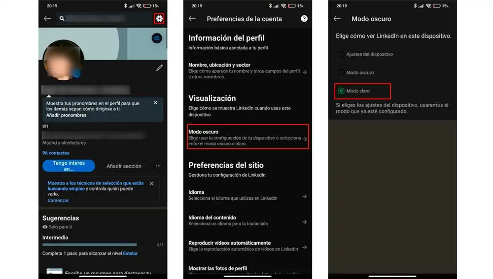 Activando el modo oscuro desde el móvil Activando el modo oscuro desde el móvil