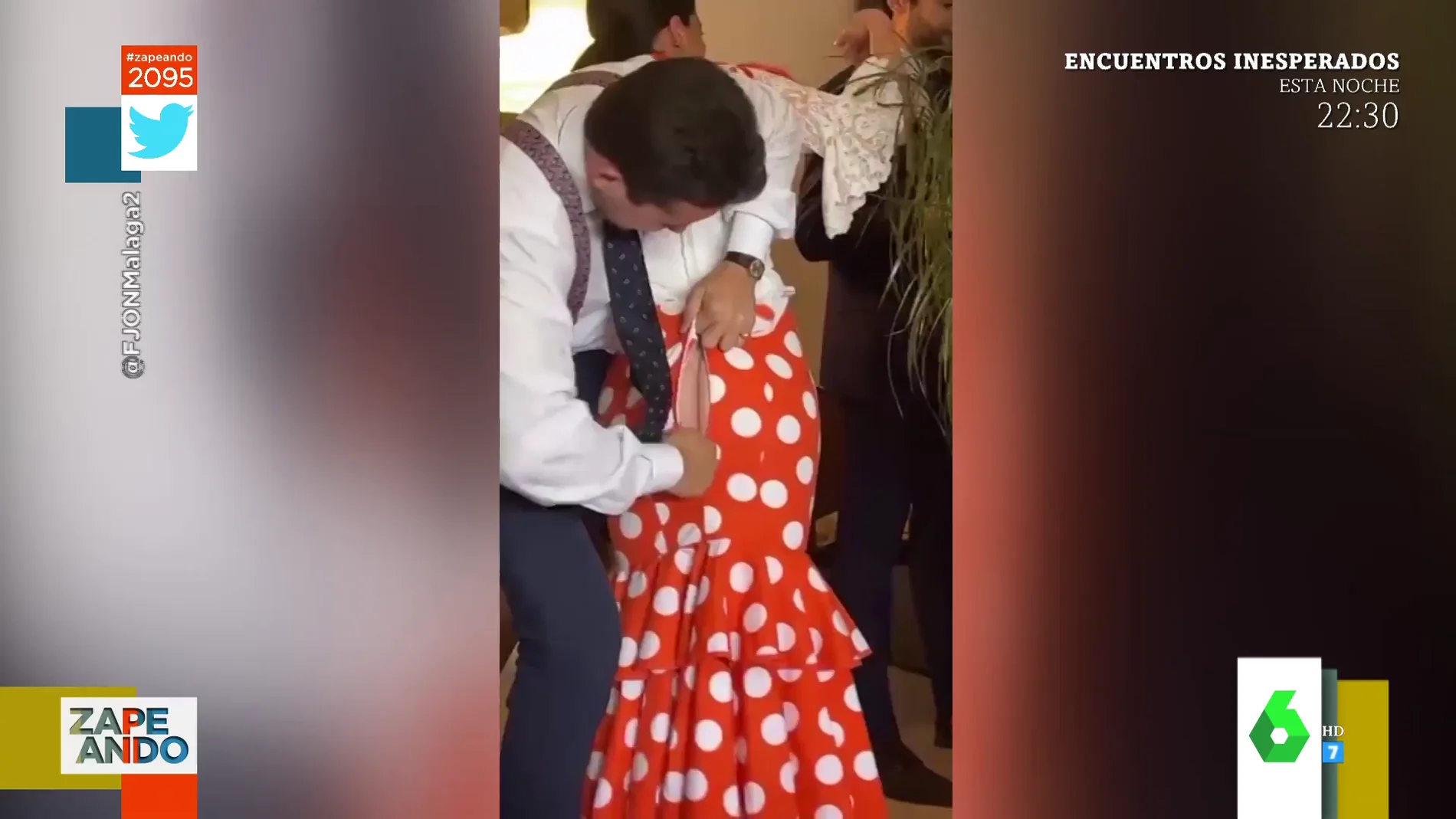 La desesperación viral de un hombre al intentar subir la cremallera del vestido de flamenca a una mujer a la altura del culo