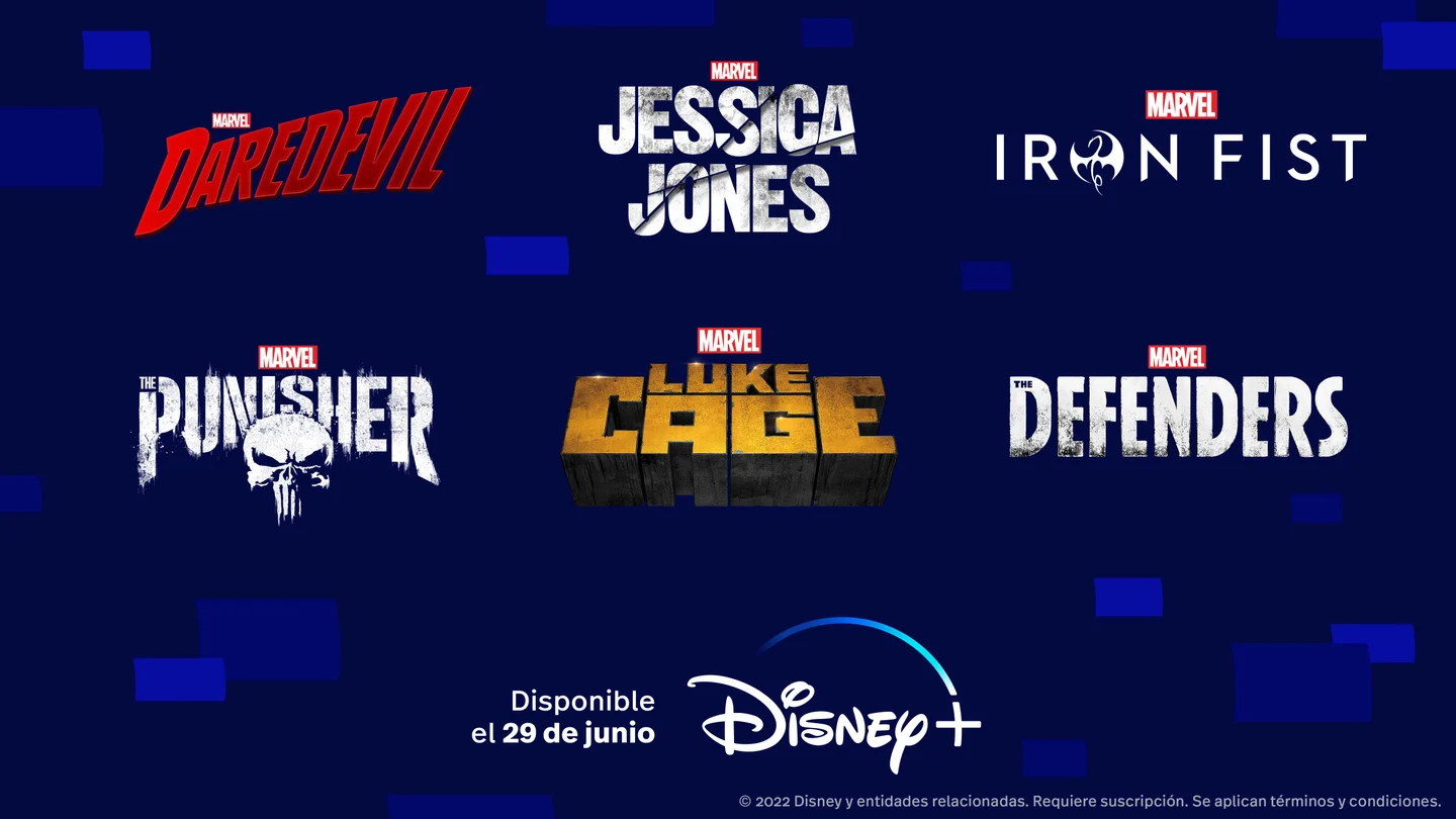 Logos de las series de acción real de Marvel que estaban en Netflix y que llegarán a Disney+. Logos de las series de acción real de Marvel que estaban en Netflix y que llegarán a Disney+.