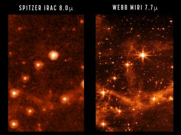 Comparación entre las imágenes infrarrojas obtenidas con los telescopios Spitzer y Webb