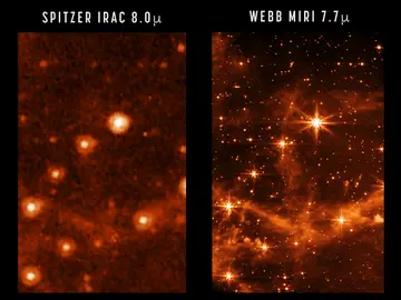 Comparación entre las imágenes infrarrojas obtenidas con los telescopios Spitzer y Webb Comparación entre las imágenes infrarrojas obtenidas con los telescopios Spitzer y Webb