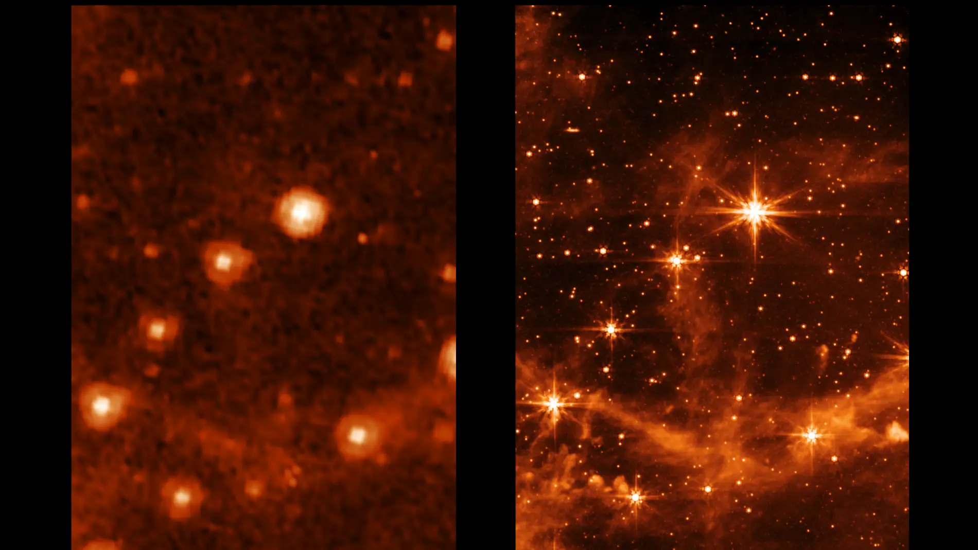 Comparación entre las imágenes infrarrojas obtenidas con los telescopios Spitzer y Webb