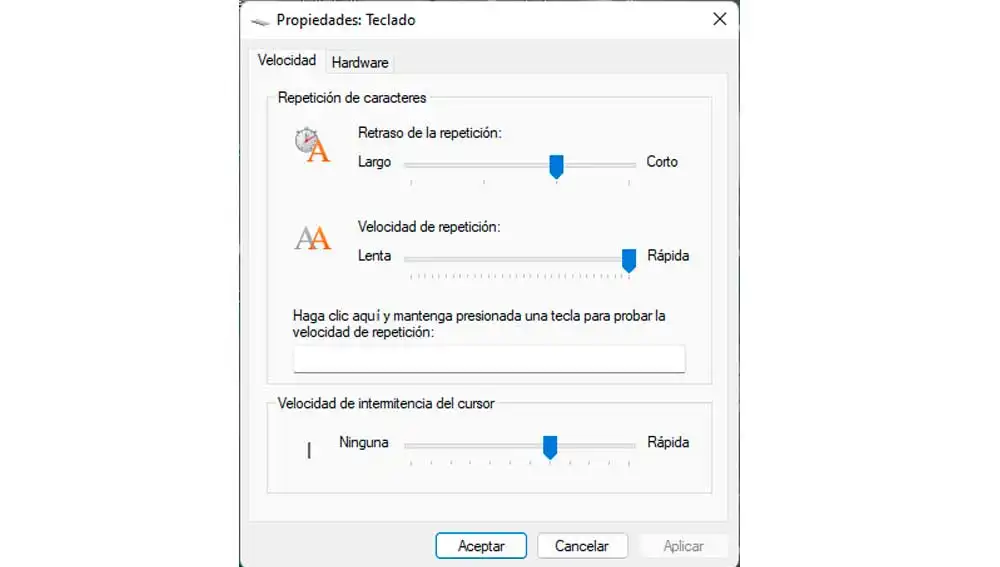 Propiedades del teclado Propiedades del teclado