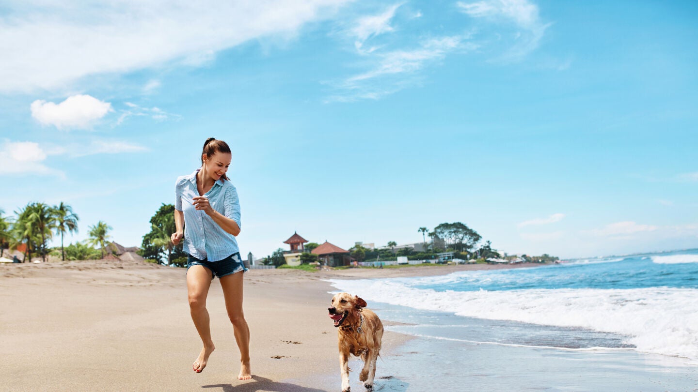 Chica en la playa con el perro