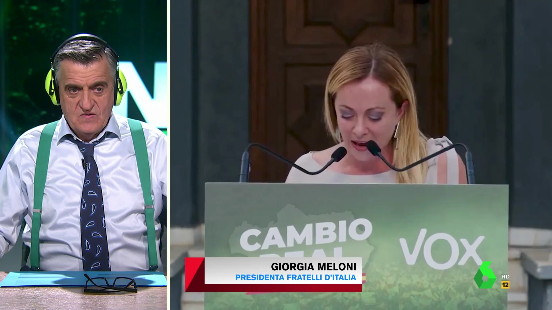 El pánico de Wyoming al oír el discurso homófobo y racista de Giorgia Meloni en un acto de Vox: "Da más pánico que Macarena Olona"