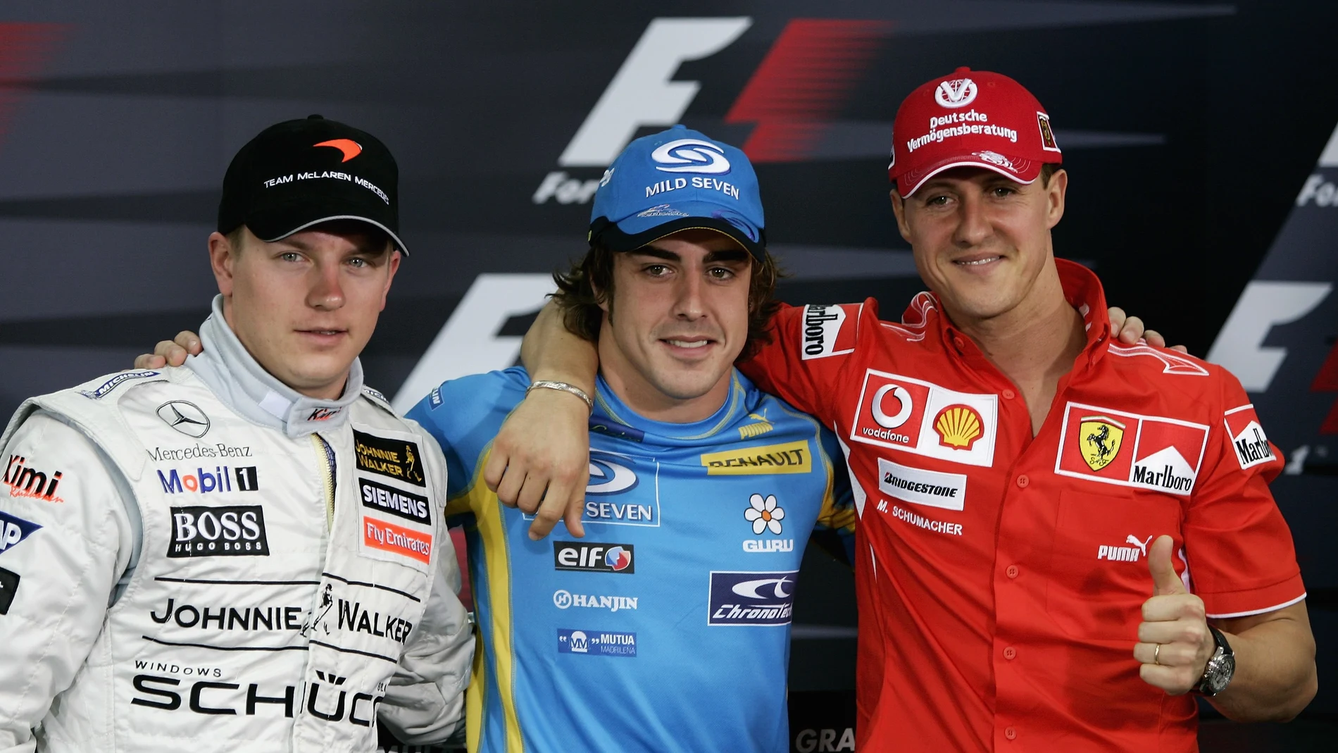 Kimi Raikkonen, Fernando Alonso y Michael Schumacher