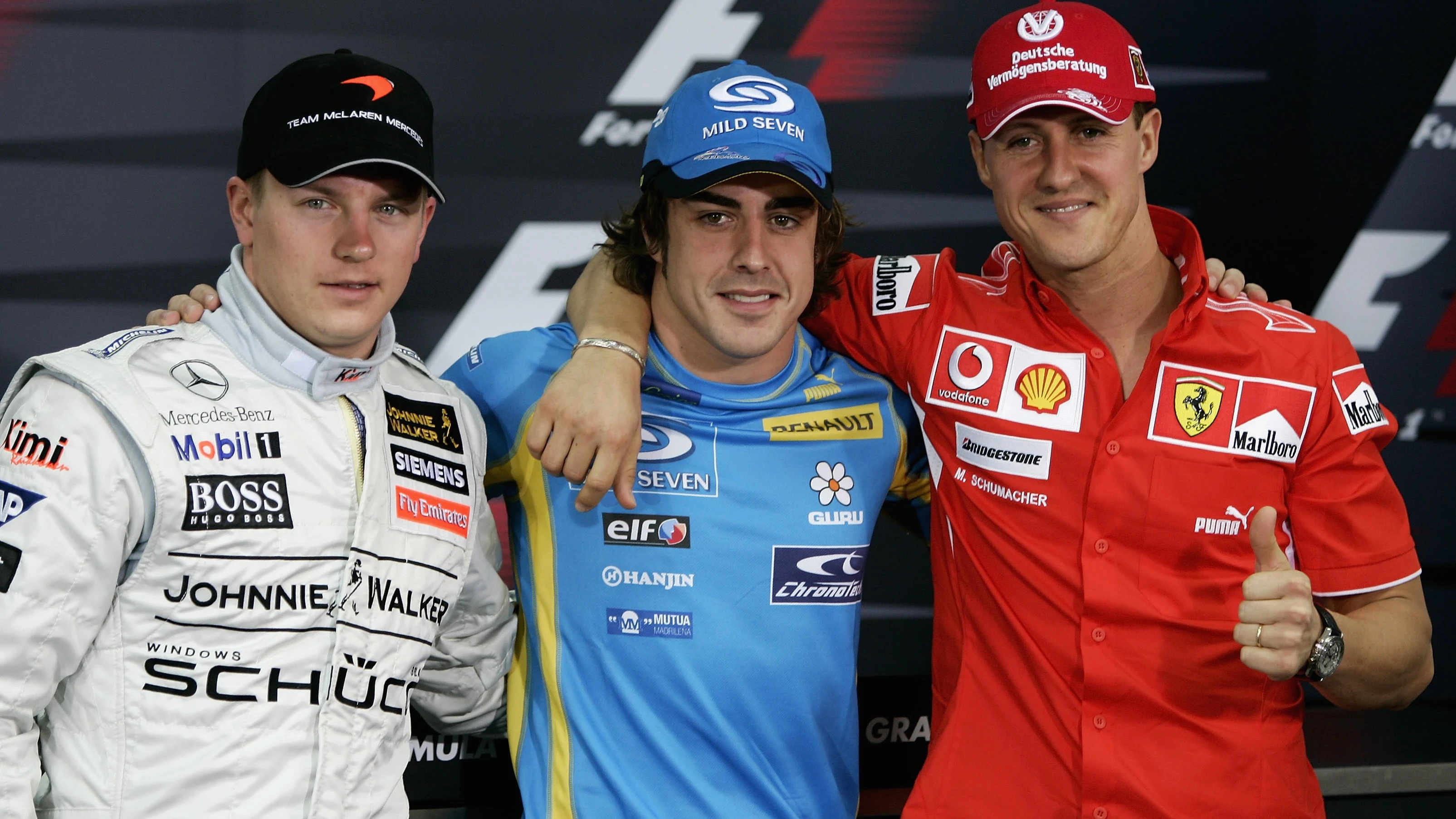 Kimi Raikkonen, Fernando Alonso y Michael Schumacher