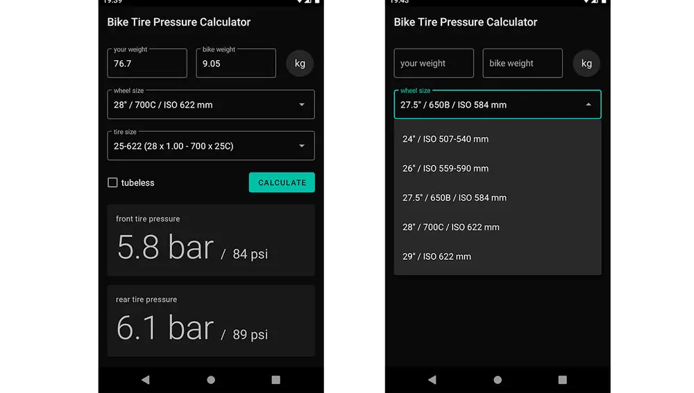 La app de Bike Tire Pressure Calculator