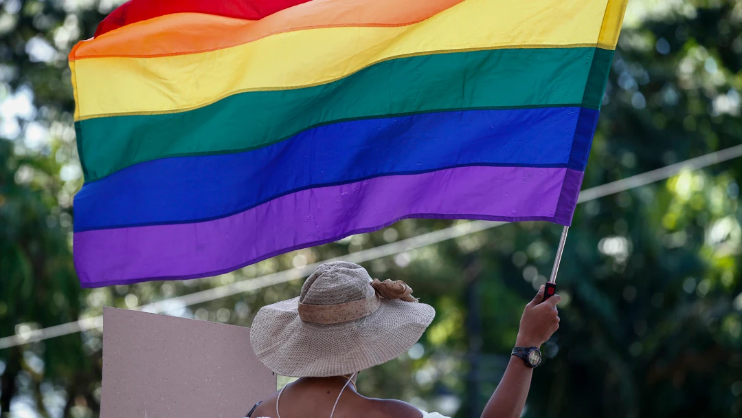 Fotografía de archivo de una persona portando una bandera lgtbi durante una marcha