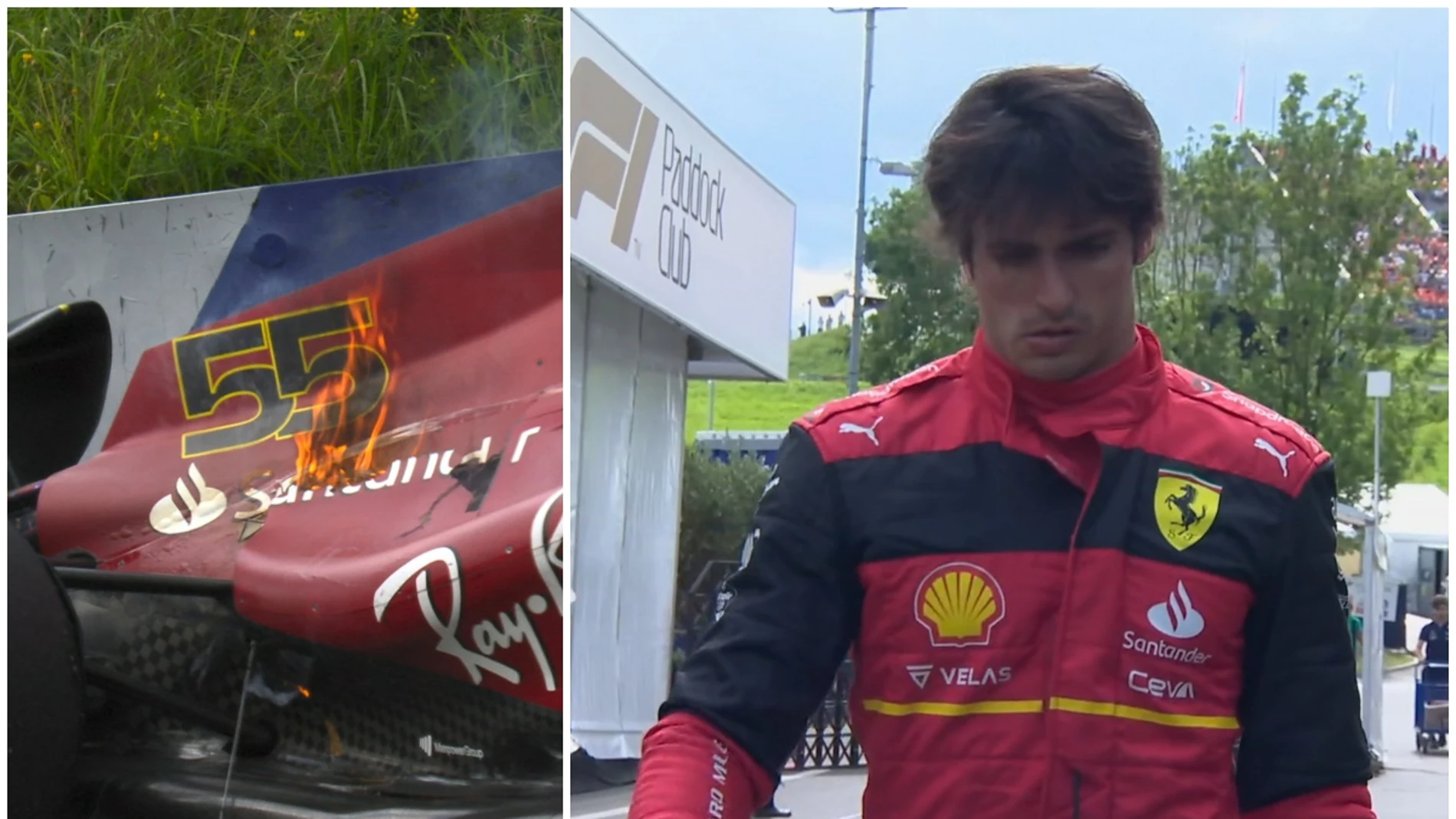 Carlos Sainz, y el fuego en su Ferrari