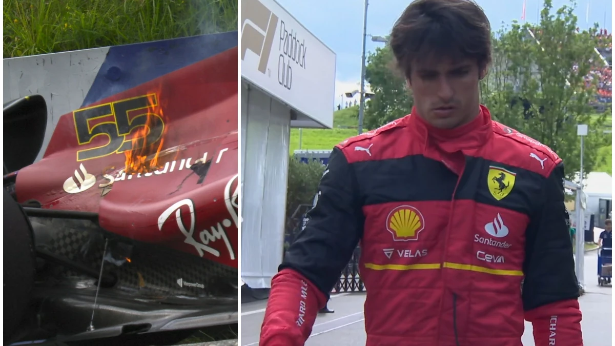 Carlos Sainz, y el fuego en su Ferrari