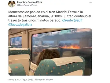 Vídeo del tren Madrid-Ferrol cruzando en medio de las llamas del incendio de Zamora