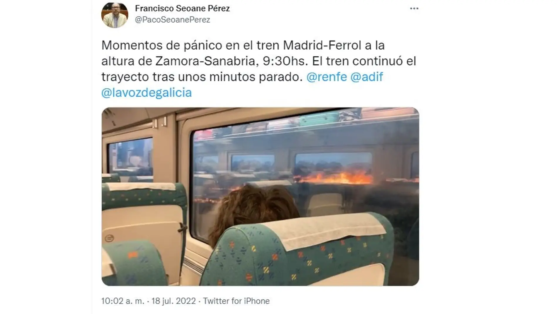 Vídeo del tren Madrid-Ferrol cruzando en medio de las llamas del incendio de Zamora