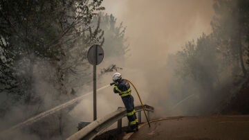 Un bombero forestal realiza labores de extinción en el incendio de O Barco de Valdeorras (Ourense).