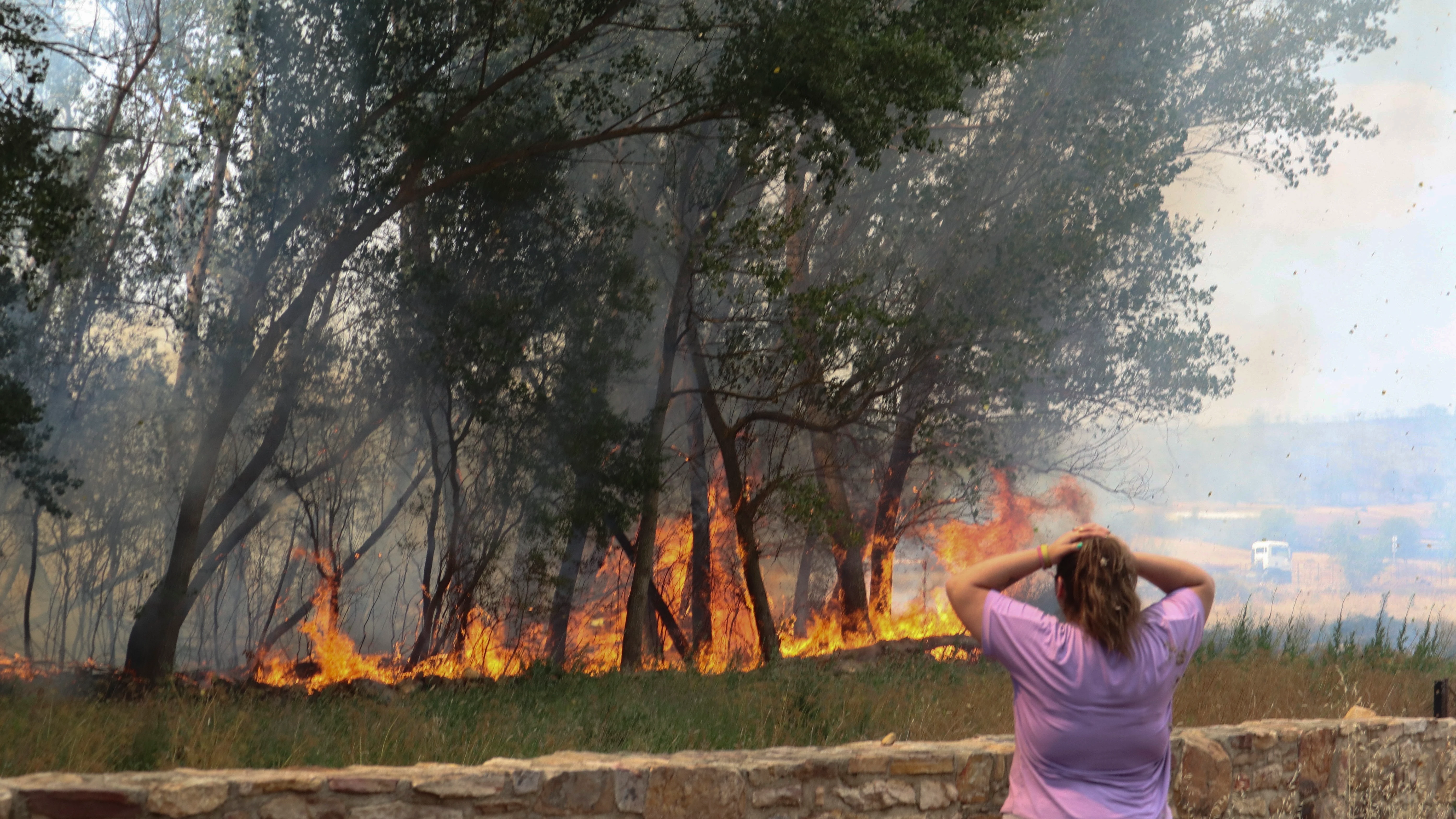 Una mujer observa las llamas del incendio forestal registrado en la comarca de Tábara (Zamora)