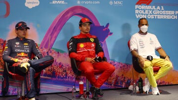 Max Verstappen, Charles Leclerc y Lewis Hamilton