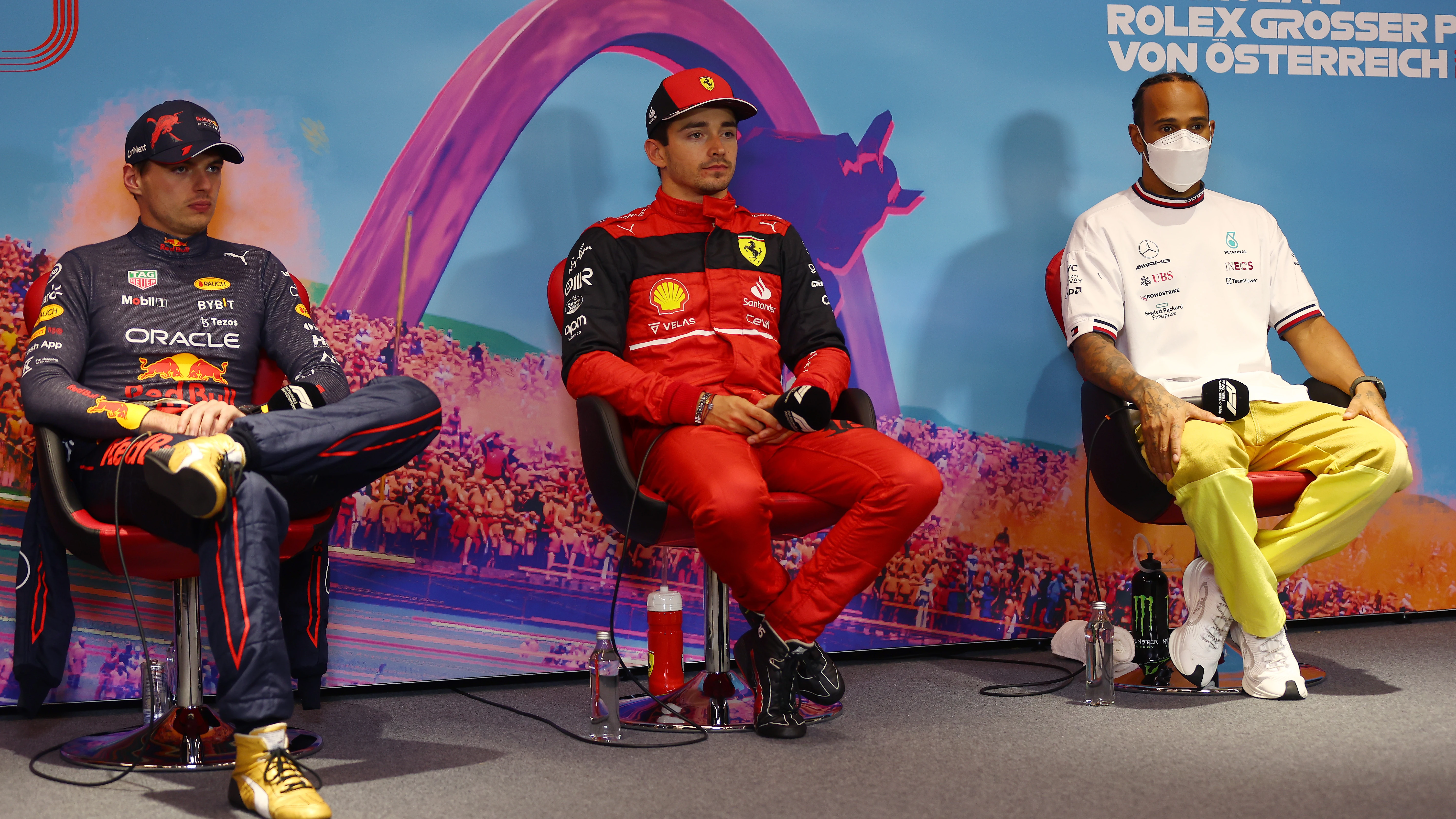 Max Verstappen, Charles Leclerc y Lewis Hamilton