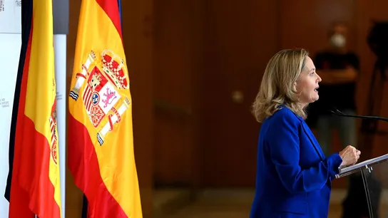 Calviño, en la rueda de prensa tras la reunión con la banca. Calviño, en la rueda de prensa tras la reunión con la banca.