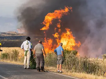Varios vecinos observan las llamas del incendio declarado en el término municipal de Quintanilla del Coco, en Burgos