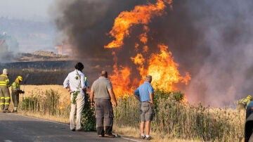 Varios vecinos observan las llamas del incendio declarado en el término municipal de Quintanilla del Coco, en Burgos