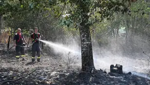 Bomberos rumanos apagan un fuego en la Gironda, Francia.