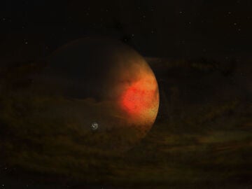 Representación de un exoplaneta y su disco circumplanetario alrededor de la estrella PDS 70