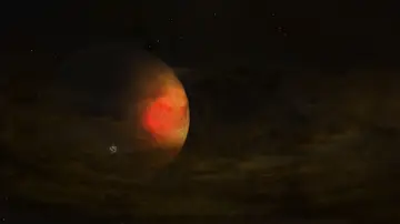 Representación de un exoplaneta y su disco circumplanetario alrededor de la estrella PDS 70
