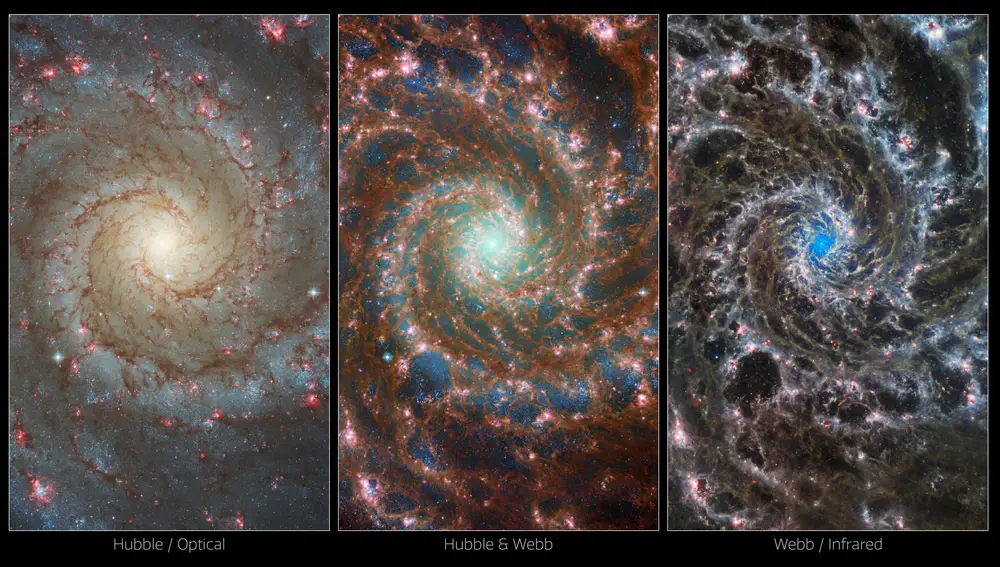 Vistas de la galaxia fantasma M74 desde distintos telescopios espaciales: Hubble, Hubble y James Webb y James Webb
