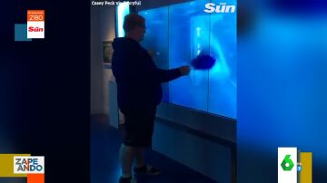 El susto viral de un turista al ver cómo un 'tiburón' ataca el cristal del acuario y lo rompe 
