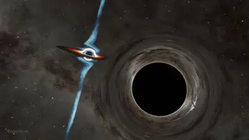 Simulación en la que un agujero negro más pequeño, a la izquierda, se curva alrededor de otro más grande