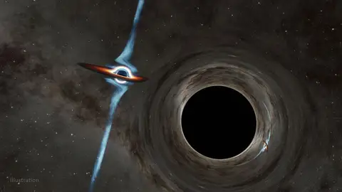 Simulación en la que un agujero negro más pequeño, a la izquierda, se curva alrededor de otro más grande Simulación en la que un agujero negro más pequeño, a la izquierda, se curva alrededor de otro más grande