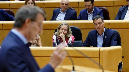 Pedro Sánchez escucha la intervención de Feijóo Pedro Sánchez escucha la intervención de Feijóo