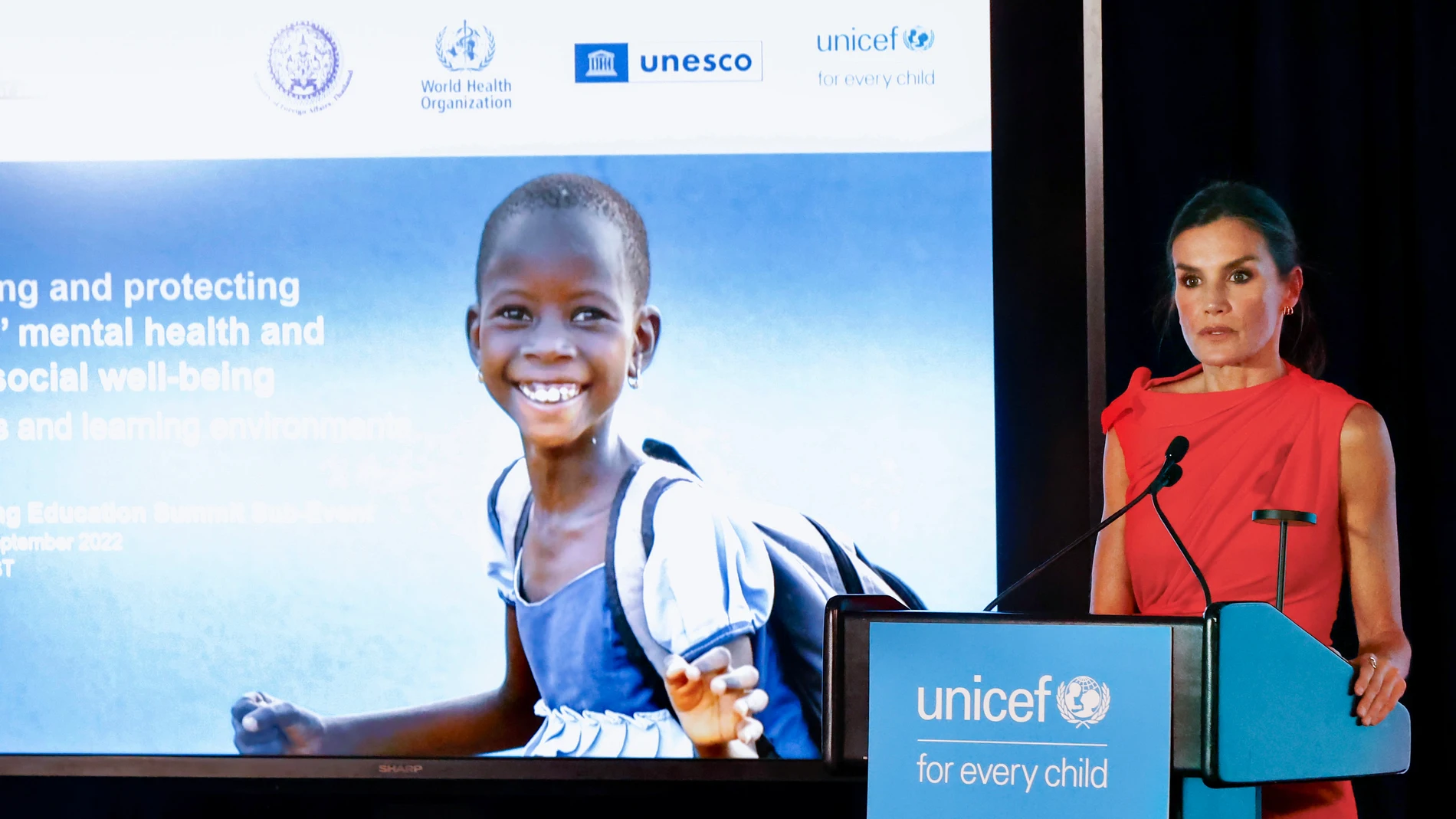 La Reina Letizia durante su participación en el evento organizado por UNICEF y la OMS