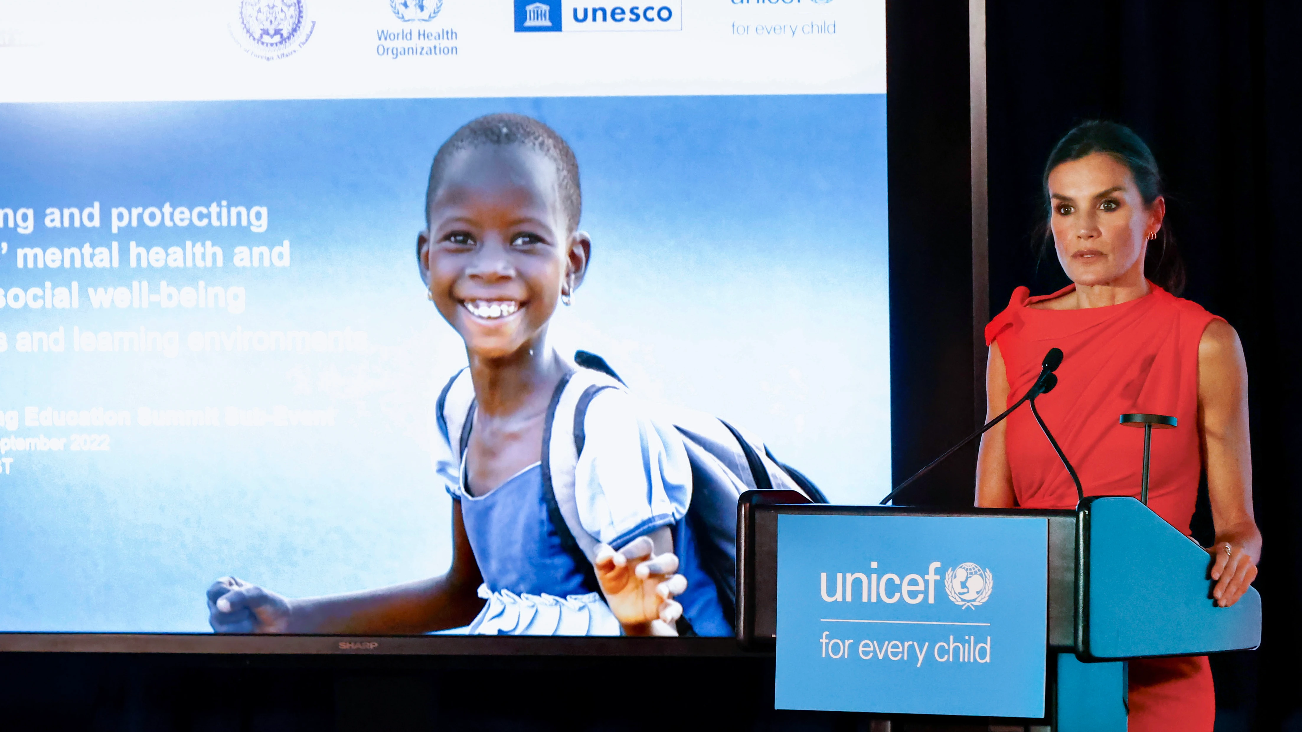 La Reina Letizia durante su participación en el evento organizado por UNICEF y la OMS